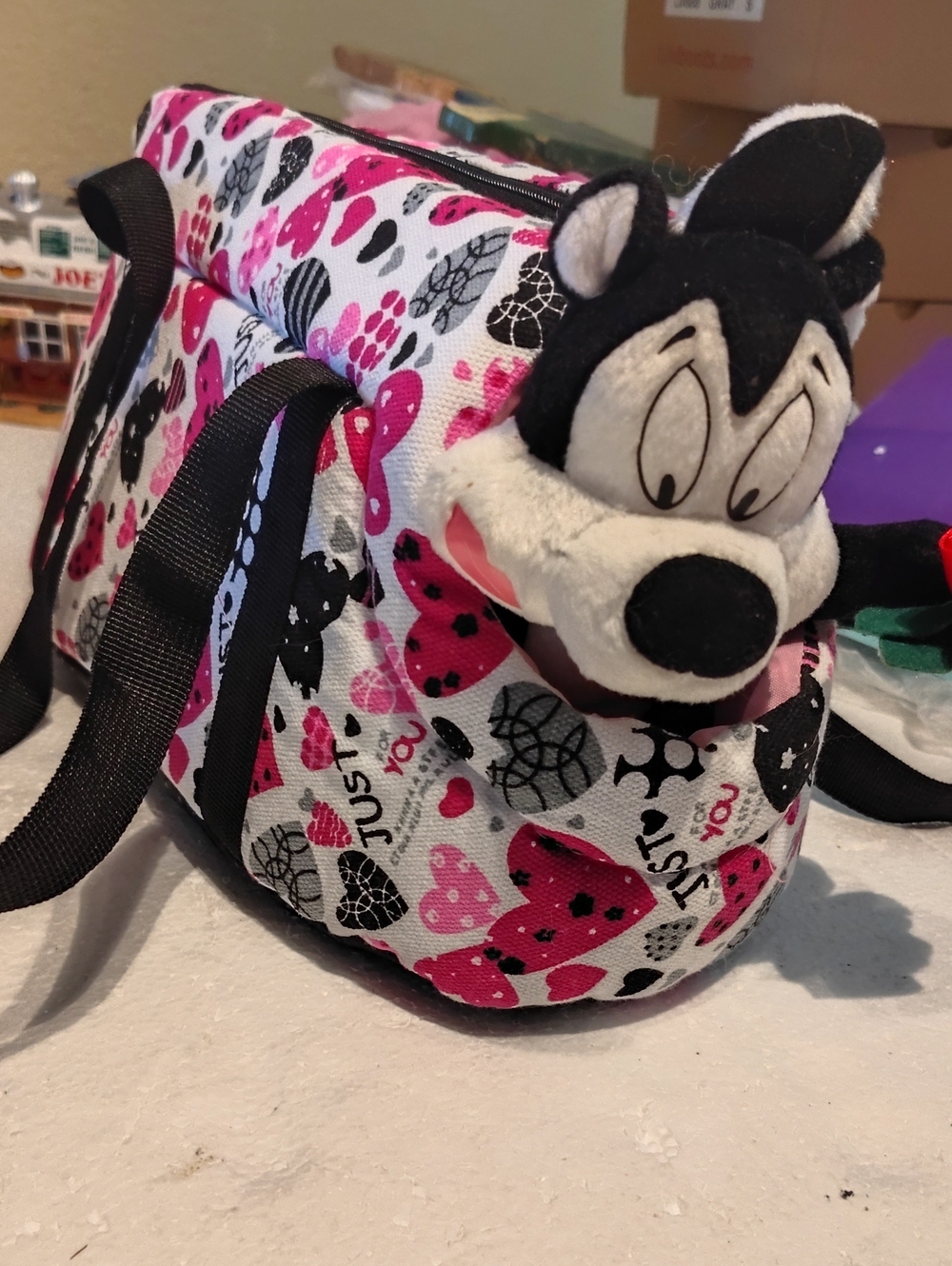 Plush Shoulder Bag For Your Puppy - Pink & Black Heart Print New